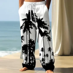 Men's Coconut Tree Tropical Plants Trousers Baggy Pants Casual Pants Mid Waist Hawaiian Vacation Holiday Beach Wear Elastic Waist Wide Leg Drawstring Summer Spring 3D Print Black Blue Green