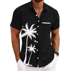 Men's Coconut Tree Tropical Plants Shirt Summer Hawaiian Shirt Aloha Shirt Short Sleeves Shirt Turndown Sports Fashion Streetwear Outdoor Street Daily Black White Blue S M L