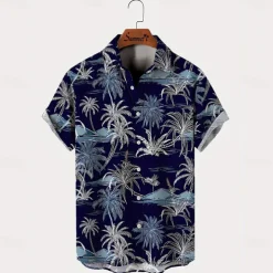 Men's Coconut Tree Tropical Plants Casual Shirt Summer Hawaiian Shirt Button Up Shirt Short Sleeve Hawaiian Resort Vacation Holiday Beach Wear Summer Spring Turndown 3D Print Collared Shirts Dark Blue