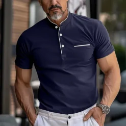 Men's Collarless Golf Shirts Banded Collar Shirt Work Business Stand Collar Mandarin Collar Short Sleeve Fashion Basic Solid Color Plain Button Summer Regular Fit Navy Black White Burgundy Collarless