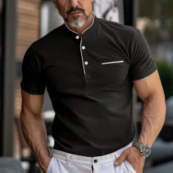 Men's Collarless Golf Shirts Banded Collar Shirt Work Business Stand Collar Mandarin Collar Short Sleeve Fashion Basic Solid Color Plain Button Summer Regular Fit Navy Black White Burgundy Collarless