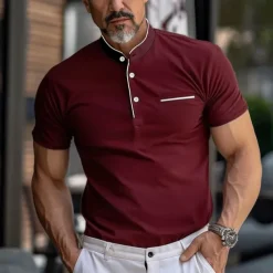 Men's Collarless Golf Shirts Banded Collar Shirt Work Business Stand Collar Mandarin Collar Short Sleeve Fashion Basic Solid Color Plain Button Summer Regular Fit Navy Black White Burgundy Collarless