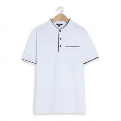 Men's Collarless Golf Shirts Banded Collar Shirt Work Business Stand Collar Mandarin Collar Short Sleeve Fashion Basic Solid Color Plain Button Summer Regular Fit Navy Black White Burgundy Collarless