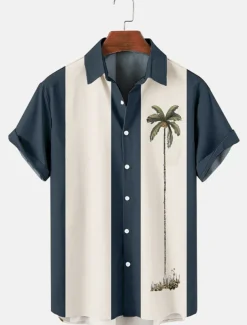 Men's Color Block Coconut Tree Tropical Plants Shirt Summer Hawaiian Shirt Bowling Shirt Short Sleeve Shirt Turndown Fashion 1950s Leisure Vacation Street Going out Black Pink Blue S M L