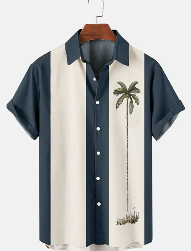 Men's Color Block Coconut Tree Tropical Plants Shirt Summer Hawaiian Shirt Bowling Shirt Short Sleeve Shirt Turndown Fashion 1950s Leisure Vacation Street Going out Black Pink Blue S M L