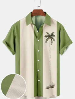 Men's Color Block Coconut Tree Tropical Plants Shirt Summer Hawaiian Shirt Bowling Shirt Short Sleeve Shirt Turndown Fashion 1950s Leisure Vacation Street Going out Black Pink Blue S M L