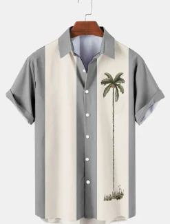 Men's Color Block Coconut Tree Tropical Plants Shirt Summer Hawaiian Shirt Bowling Shirt Short Sleeve Shirt Turndown Fashion 1950s Leisure Vacation Street Going out Black Pink Blue S M L