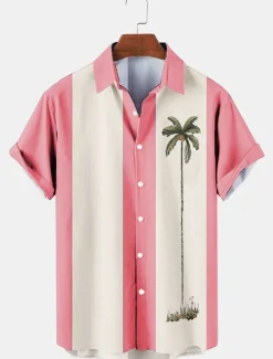 Men's Color Block Coconut Tree Tropical Plants Shirt Summer Hawaiian Shirt Bowling Shirt Short Sleeve Shirt Turndown Fashion 1950s Leisure Vacation Street Going out Black Pink Blue S M L