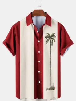 Men's Color Block Coconut Tree Tropical Plants Shirt Summer Hawaiian Shirt Bowling Shirt Short Sleeve Shirt Turndown Fashion 1950s Leisure Vacation Street Going out Black Pink Blue S M L