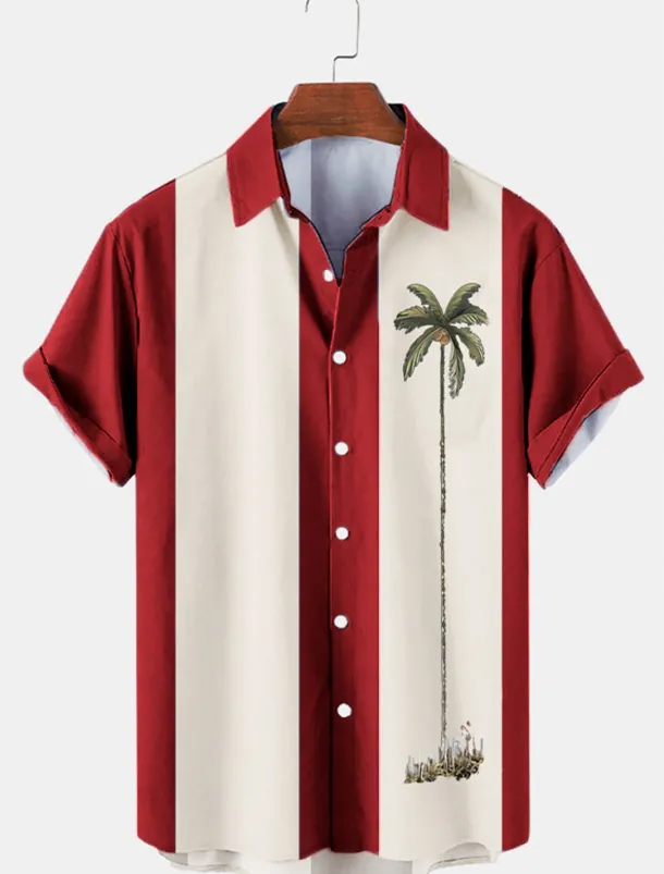 Men's Color Block Coconut Tree Tropical Plants Shirt Summer Hawaiian Shirt Bowling Shirt Short Sleeve Shirt Turndown Fashion 1950s Leisure Vacation Street Going out Black Pink Blue S M L