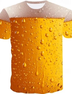 Men's Color Block 3D Beer Shirt T Shirt Short Sleeve T shirt Round Neck Shirt Basic Going out Weekend Oktoberfest Light Yellow Black White Clothing Apparel Plus Size S M L XL 2XL 3XL S