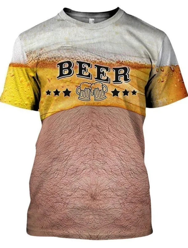 Men's Color Block 3D Beer Shirt T Shirt Short Sleeve T shirt Round Neck Shirt Basic Going out Weekend Oktoberfest Light Yellow Black White Clothing Apparel Plus Size S M L XL 2XL 3XL S