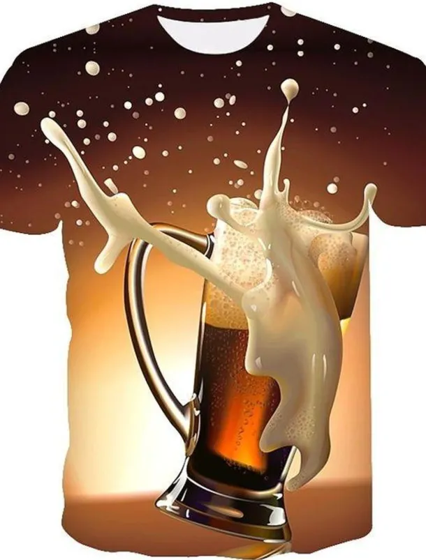 Men's Color Block 3D Beer Shirt T Shirt Short Sleeve T shirt Round Neck Shirt Basic Going out Weekend Oktoberfest Light Yellow Black White Clothing Apparel Plus Size S M L XL 2XL 3XL S