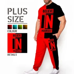 Men's Color Block 3D Print Graphic Prints 2pcs Tees sets Matching Sets Short Sleeve Long pants Crew Neck Fashion Streetwear Casual Outdoor Daily Sports 3D Print Spring & Summer Red Blue Purple