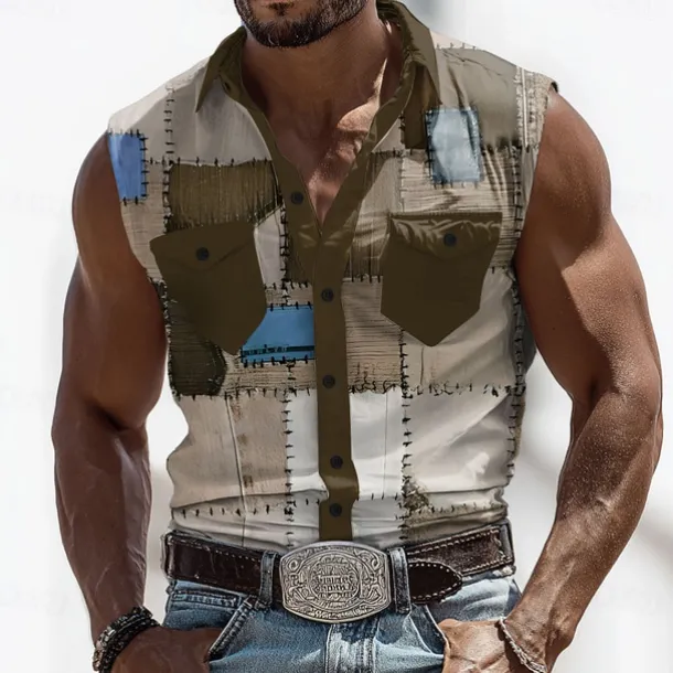 Men's Color Block Denim-like Shirt Western Shirt Cowboy Shirt Sleeveless Western Style Outdoor Work Causal Summer Spring Turndown 3D Print Front Two Pockets Button Up Shirts Blue Brown Green