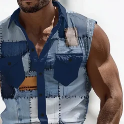 Men's Color Block Denim-like Shirt Western Shirt Cowboy Shirt Sleeveless Western Style Outdoor Work Causal Summer Spring Turndown 3D Print Front Two Pockets Button Up Shirts Blue Brown Green