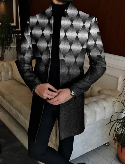 Men's Color Block Geometry Gradual Winter Coat Overcoat Coat Warm Breathable Comfortable Fashion Streetwear Business Work Wear to work Going out Pocket Print Fall & Winter Turndown Long Sleeve Navy