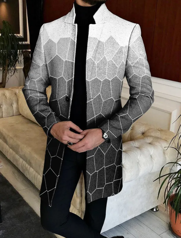 Men's Color Block Geometry Argyle Winter Coat Overcoat Coat Warm Breathable Comfortable Fashion Streetwear Business Work Wear to work Going out Pocket Print Fall & Winter Turndown Long Sleeve Black