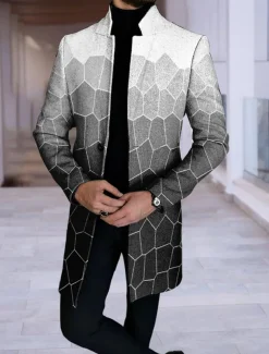 Men's Color Block Geometry Argyle Winter Coat Overcoat Coat Warm Breathable Comfortable Fashion Streetwear Business Work Wear to work Going out Pocket Print Fall & Winter Turndown Long Sleeve Black