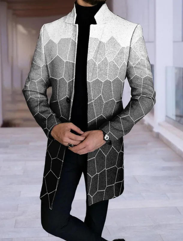 Men's Color Block Geometry Argyle Winter Coat Overcoat Coat Warm Breathable Comfortable Fashion Streetwear Business Work Wear to work Going out Pocket Print Fall & Winter Turndown Long Sleeve Black