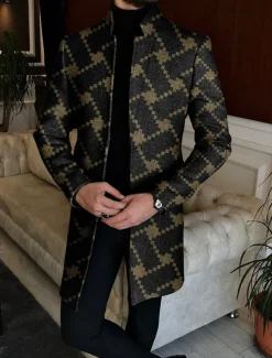 Men's Color Block Geometry Argyle Winter Coat Overcoat Coat Warm Breathable Comfortable Fashion Streetwear Business Work Wear to work Going out Pocket Print Fall & Winter Turndown Long Sleeve Black