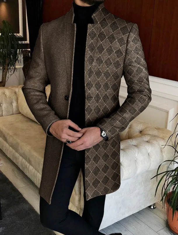 Men's Color Block Geometry Argyle Winter Coat Overcoat Coat Warm Breathable Comfortable Fashion Streetwear Business Work Wear to work Going out Pocket Print Fall & Winter Turndown Long Sleeve Black