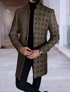 Men's Color Block Geometry Argyle Winter Coat Overcoat Coat Warm Breathable Comfortable Fashion Streetwear Business Work Wear to work Going out Pocket Print Fall & Winter Turndown Long Sleeve Black