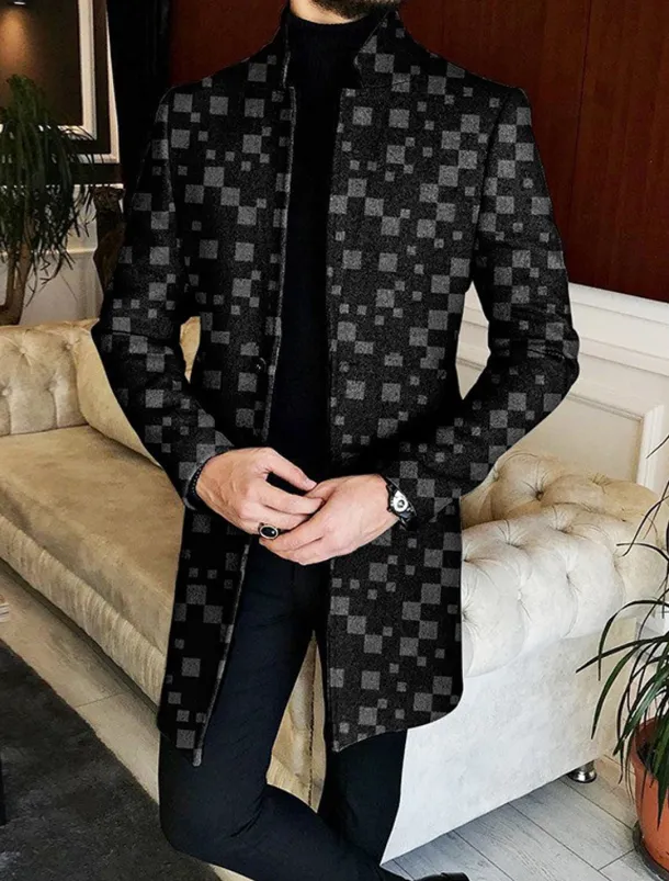 Men's Color Block Geometry Argyle Winter Coat Overcoat Coat Warm Breathable Comfortable Fashion Streetwear Business Work Wear to work Going out Pocket Print Fall & Winter Turndown Long Sleeve Black