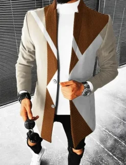 Men's Color Block Geometry Winter Coat Overcoat Coat Warm Breathable Comfortable Fashion Streetwear Business Work Wear to work Going out Pocket Print Fall & Winter Turndown Long Sleeve Red Burgundy