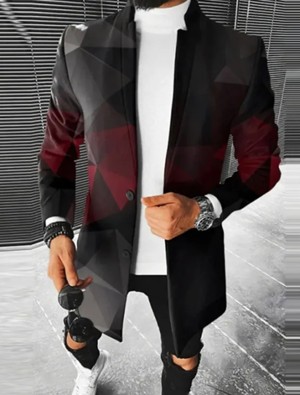 Men's Color Block Geometry Winter Coat Overcoat Coat Warm Breathable Comfortable Fashion Streetwear Business Work Wear to work Going out Pocket Print Fall & Winter Turndown Long Sleeve Red Burgundy