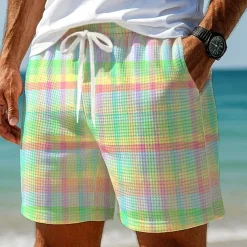 Men's Color Block Gradient Grid / Plaid Waffle Shorts Sweat Shorts Casual Shorts Mid Waist Fashion Casual Vacation Jogging Workout Elastic Drawstring Waist Shorts with Pockets Designer Clothing