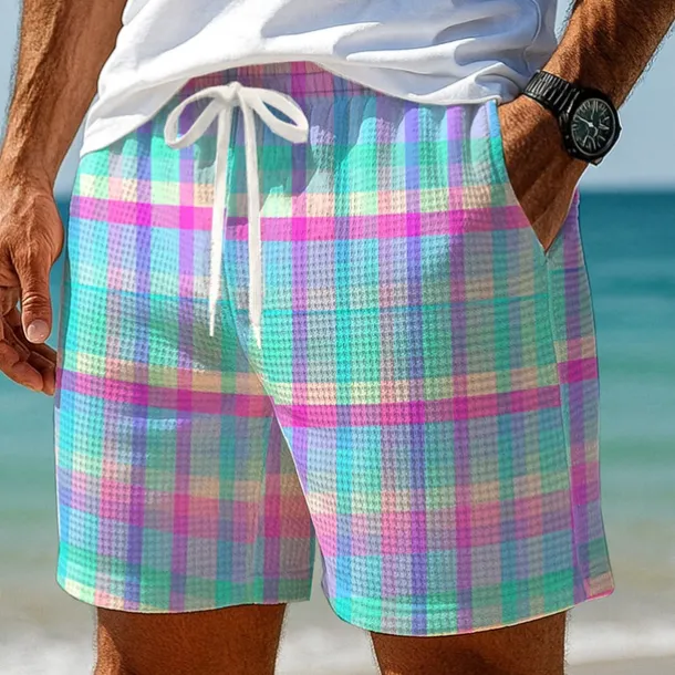 Men's Color Block Gradient Grid / Plaid Waffle Shorts Sweat Shorts Casual Shorts Mid Waist Fashion Casual Vacation Jogging Workout Elastic Drawstring Waist Shorts with Pockets Designer Clothing
