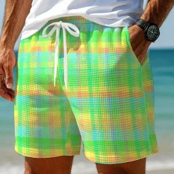 Men's Color Block Gradient Grid / Plaid Waffle Shorts Sweat Shorts Casual Shorts Mid Waist Fashion Casual Vacation Jogging Workout Elastic Drawstring Waist Shorts with Pockets Designer Clothing