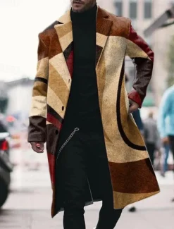 Men's Color Block Graphic Prints Geometry Winter Coat Overcoat Coat Warm Breathable Comfortable Fashion Streetwear Business Work Wear to work Going out Pocket Print Fall & Winter Turndown Long Sleeve