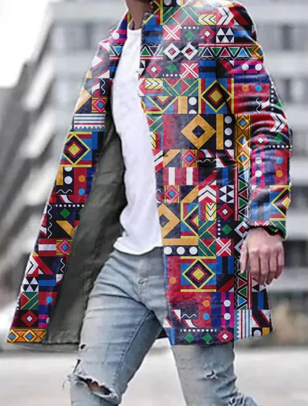Men's Color Block Graphic Prints Geometry Winter Coat Overcoat Coat Warm Breathable Comfortable Fashion Streetwear Business Work Wear to work Going out Pocket Print Fall & Winter Turndown Long Sleeve