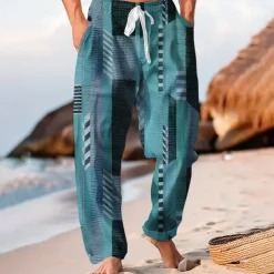 Men's Color Block Patchwork Trousers Baggy Pants Casual Pants Mid Waist Hawaiian Casual Outdoor Vacation Holiday Wide Leg Summer Spring 3D Print Blue Orange Brown