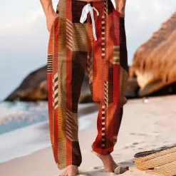 Men's Color Block Patchwork Trousers Baggy Pants Casual Pants Mid Waist Hawaiian Casual Outdoor Vacation Holiday Wide Leg Summer Spring 3D Print Blue Orange Brown