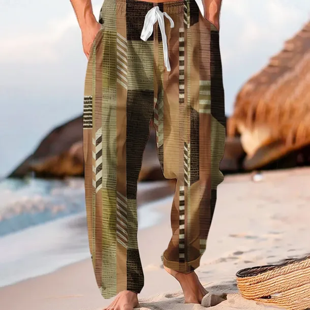 Men's Color Block Patchwork Trousers Baggy Pants Casual Pants Mid Waist Hawaiian Casual Outdoor Vacation Holiday Wide Leg Summer Spring 3D Print Blue Orange Brown