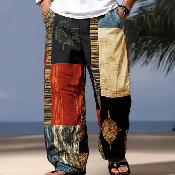 Men's Color Block Patchwork Pants Trousers Mid Waist Drawstring Elastic Waist Hawaiian Casual Outdoor Vacation Holiday Straight Leg Trousers Summer Spring Fall 3D Print Black