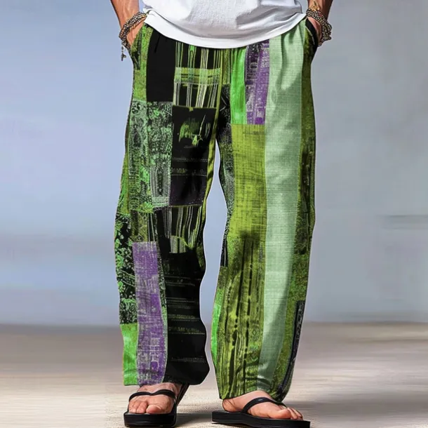 Men's Color Block Patchwork Pants Trousers Mid Waist Drawstring Elastic Waist Hawaiian Casual Outdoor Party Evening Wear Holiday Straight Leg Trousers Summer Spring Fall 3D Print Red Blue Green