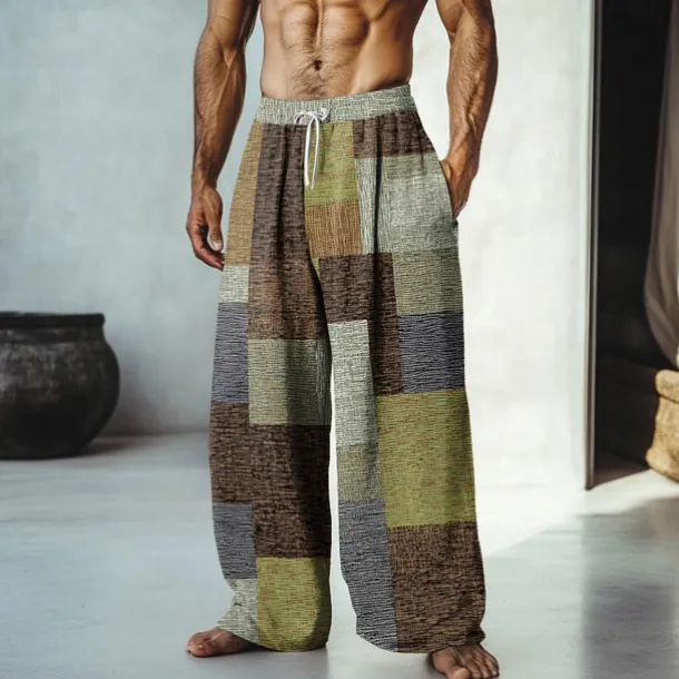 Men's Color Block Patchwork Pants Trousers Mid Waist Drawstring Elastic Waist Hawaiian Casual Outdoor Vacation Holiday Straight Leg Trousers Summer Spring Fall 3D Print Yellow Red Blue