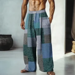 Men's Color Block Patchwork Pants Trousers Mid Waist Drawstring Elastic Waist Hawaiian Casual Outdoor Vacation Holiday Straight Leg Trousers Summer Spring Fall 3D Print Yellow Red Blue