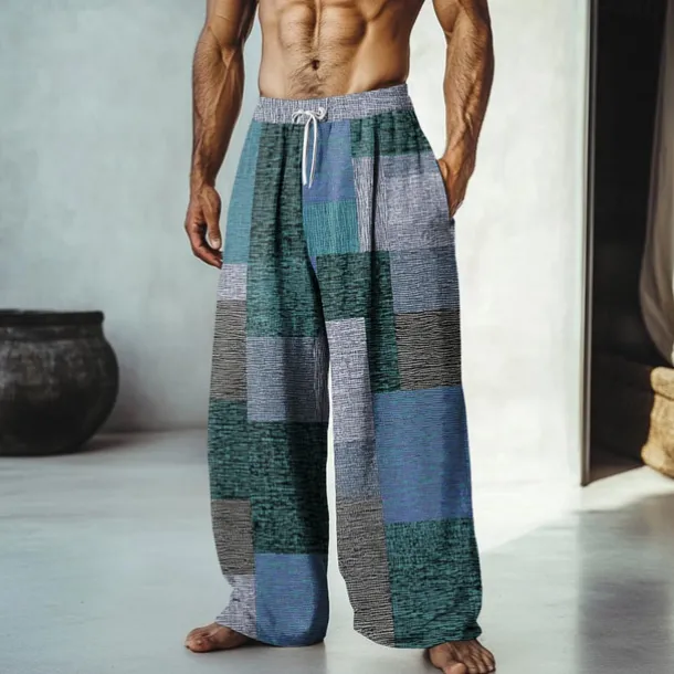Men's Color Block Patchwork Pants Trousers Mid Waist Drawstring Elastic Waist Hawaiian Casual Outdoor Vacation Holiday Straight Leg Trousers Summer Spring Fall 3D Print Yellow Red Blue