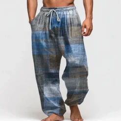 Men's Color Block Patchwork Trousers Baggy Pants Casual Pants Mid Waist Vintage Outdoor Vacation Elastic Drawstring Waist Linen-Like Pants with Pockets Summer Spring Fall 3D Print Red Blue Green
