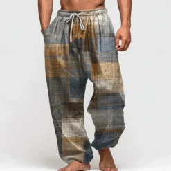Men's Color Block Patchwork Trousers Baggy Pants Casual Pants Mid Waist Vintage Outdoor Vacation Elastic Drawstring Waist Linen-Like Pants with Pockets Summer Spring Fall 3D Print Red Blue Green