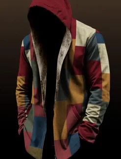 Men's Color Block Plaid / Check Winter Coat Fleece Jacket Coat Thermal Warm Vintage Daily Wear Going out Pocket Print Fall & Winter Hooded Long Sleeve Black Wine Red