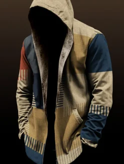 Men's Color Block Plaid / Check Winter Coat Fleece Jacket Coat Thermal Warm Vintage Daily Wear Going out Pocket Print Fall & Winter Hooded Long Sleeve Black Wine Red