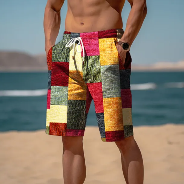 Men's Color Block Plaid Checkered Patchwork Sweat Shorts Beach Shorts Terry Shorts Mid Waist Casual Athleisure Daily Holiday Streetwear Drawstring Elastic Waist 3D Print Designer Clothing Apparel