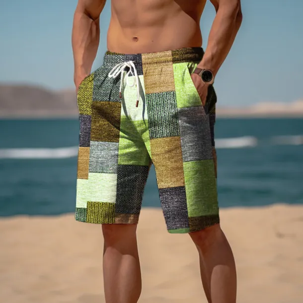 Men's Color Block Plaid Checkered Patchwork Sweat Shorts Beach Shorts Terry Shorts Mid Waist Casual Athleisure Daily Holiday Streetwear Drawstring Elastic Waist 3D Print Designer Clothing Apparel