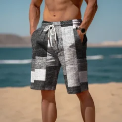 Men's Color Block Plaid Checkered Patchwork Sweat Shorts Beach Shorts Terry Shorts Mid Waist Casual Athleisure Daily Holiday Streetwear Drawstring Elastic Waist 3D Print Designer Clothing Apparel